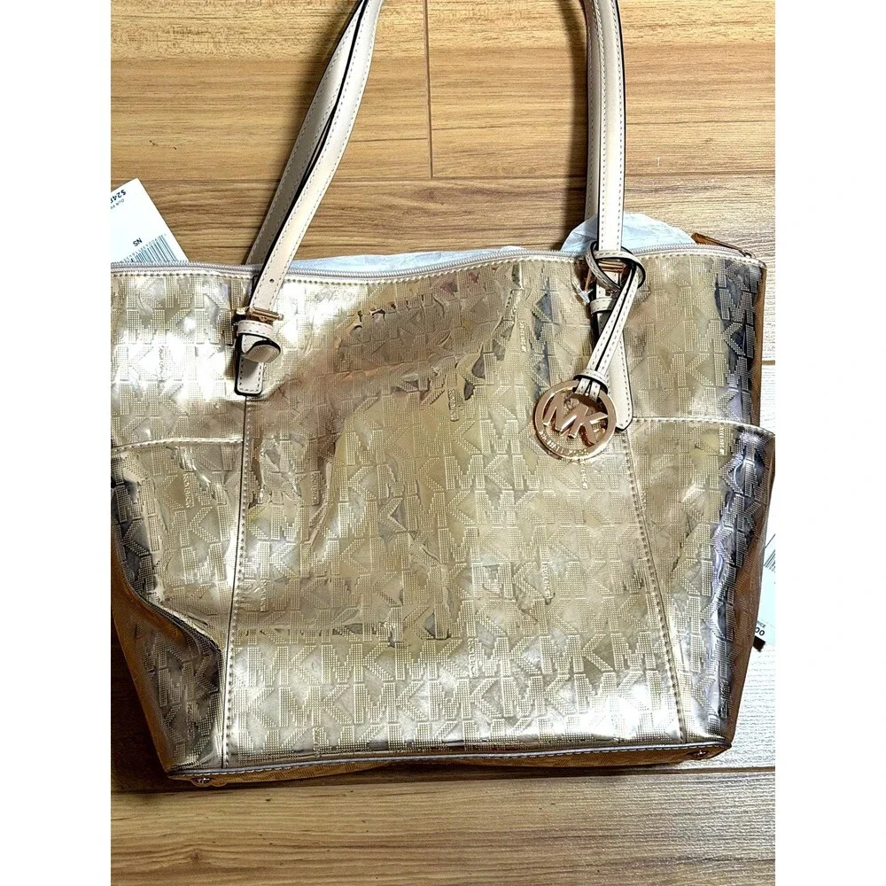 NWT Michael Kors Metallic Rose Gold MK Logo Tote Bag with Wallet $356 Jet Set